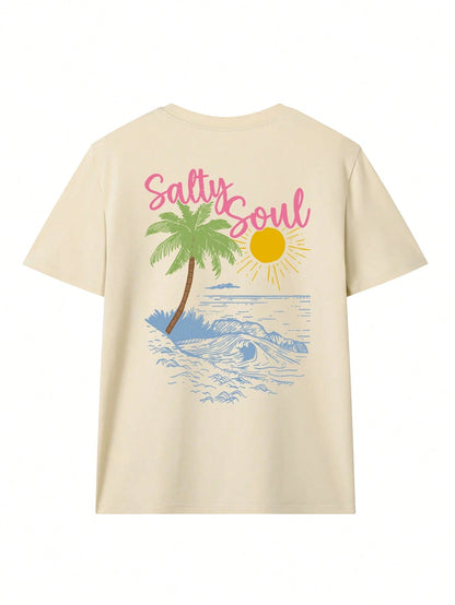 SXV Summer New Coconut Tree Print Casual Round Neck Short Sleeve T-Shirt