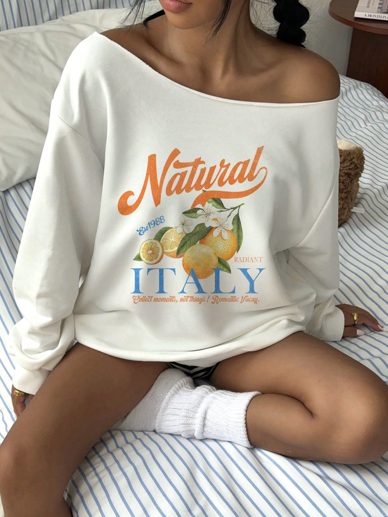 SXV Women's Off Shoulder Orange Fruit & Floral English Letter Graphic Loose Casual Long Sleeve Sweatshirt