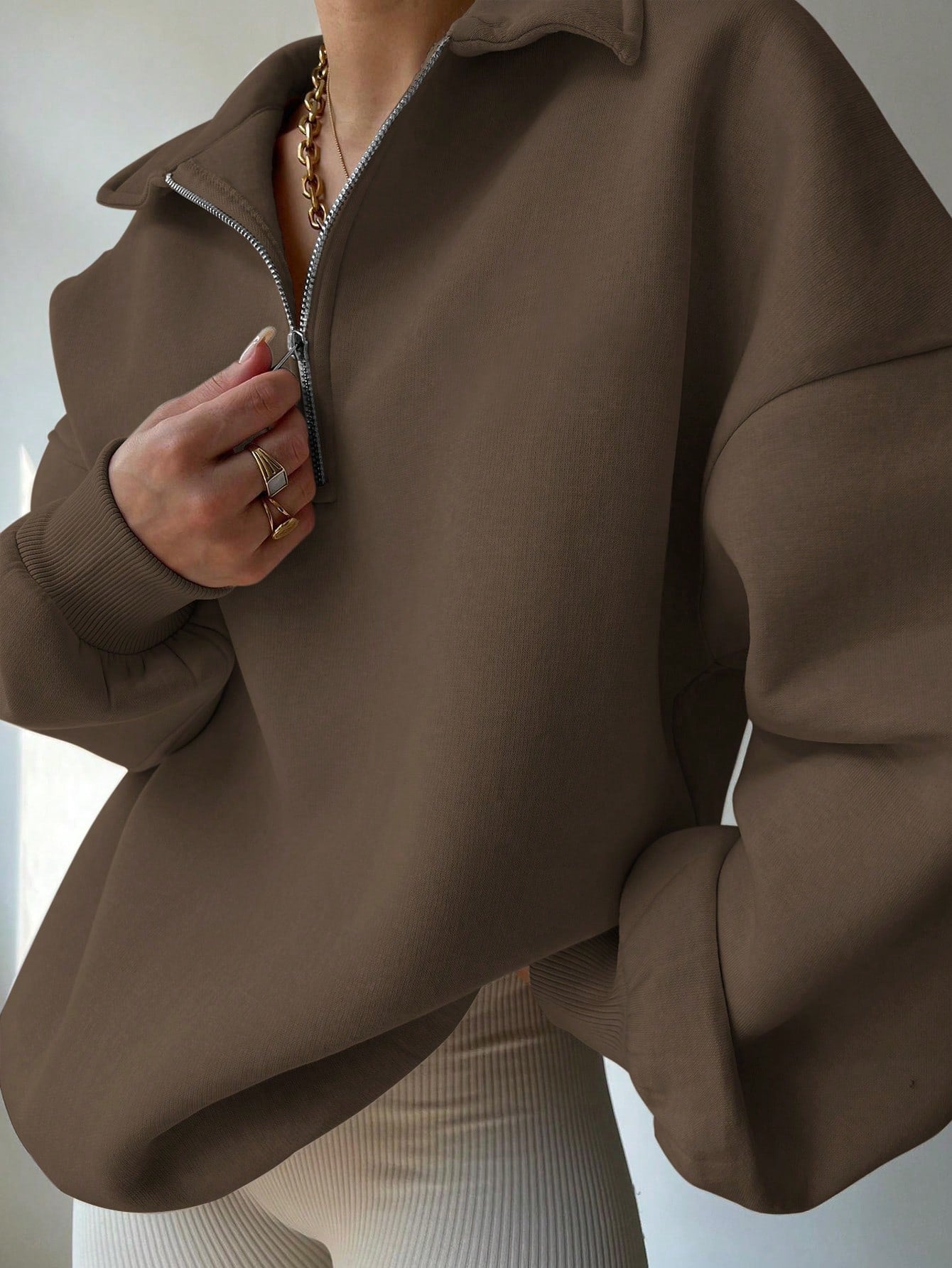 SXV Half zip Solid Color Drop Shoulder White Sweatshirt