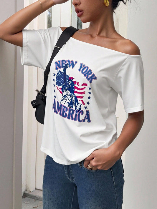 SXV Women's American Independence Day USA Flag & English Print Off-Shoulder T-Shirt