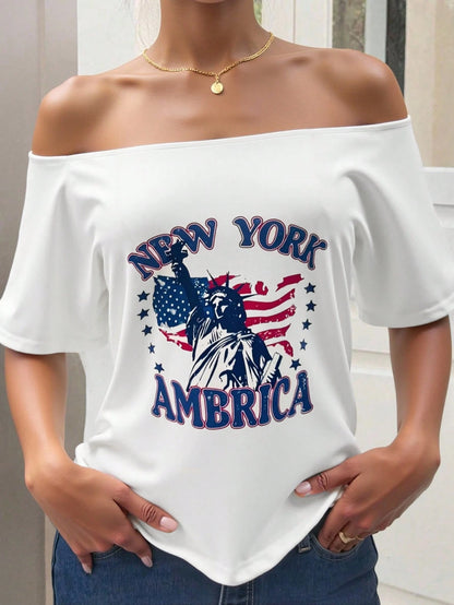 SXV Women's American Independence Day USA Flag & English Print Off-Shoulder T-Shirt