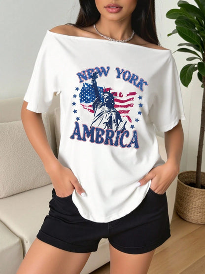SXV Women's American Independence Day USA Flag & English Print Off-Shoulder T-Shirt