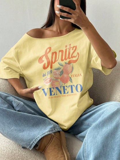 SXV Women Summer Loose Asymmetrical Neck Cocktail Fruit Orange Y2K Graphic Oversized T-Shirt