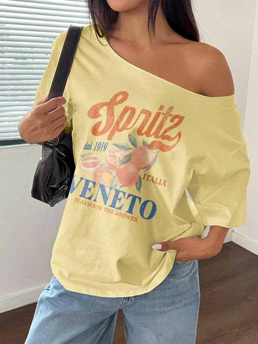 SXV Women Summer Loose Asymmetrical Neck Cocktail Fruit Orange Y2K Graphic Oversized T-Shirt