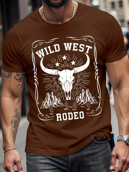 SXV Wild West Cowboy Bull Skull Graphic Regular Fit Brown T-Shirt