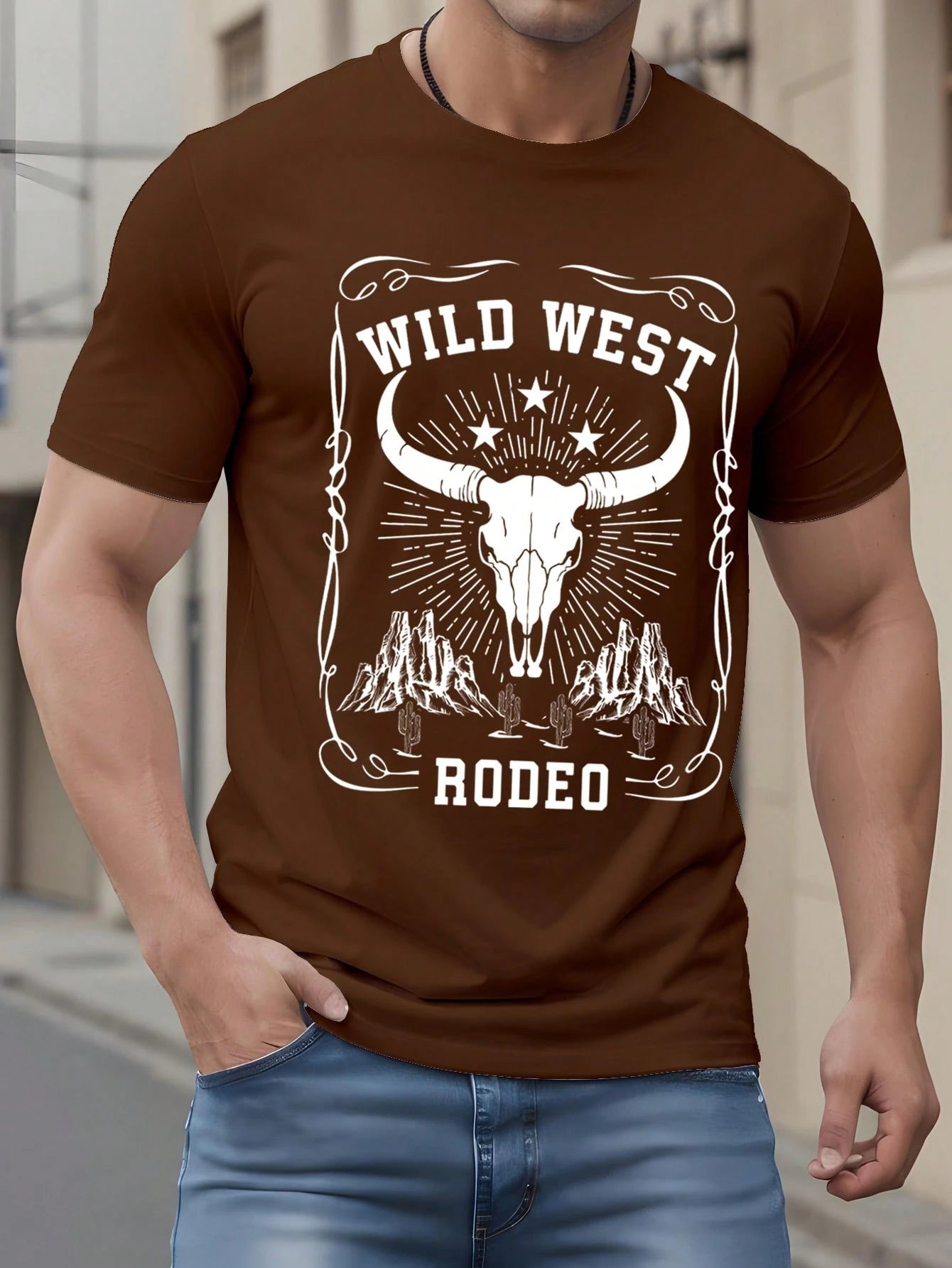SXV Wild West Cowboy Bull Skull Graphic Regular Fit Brown T-Shirt