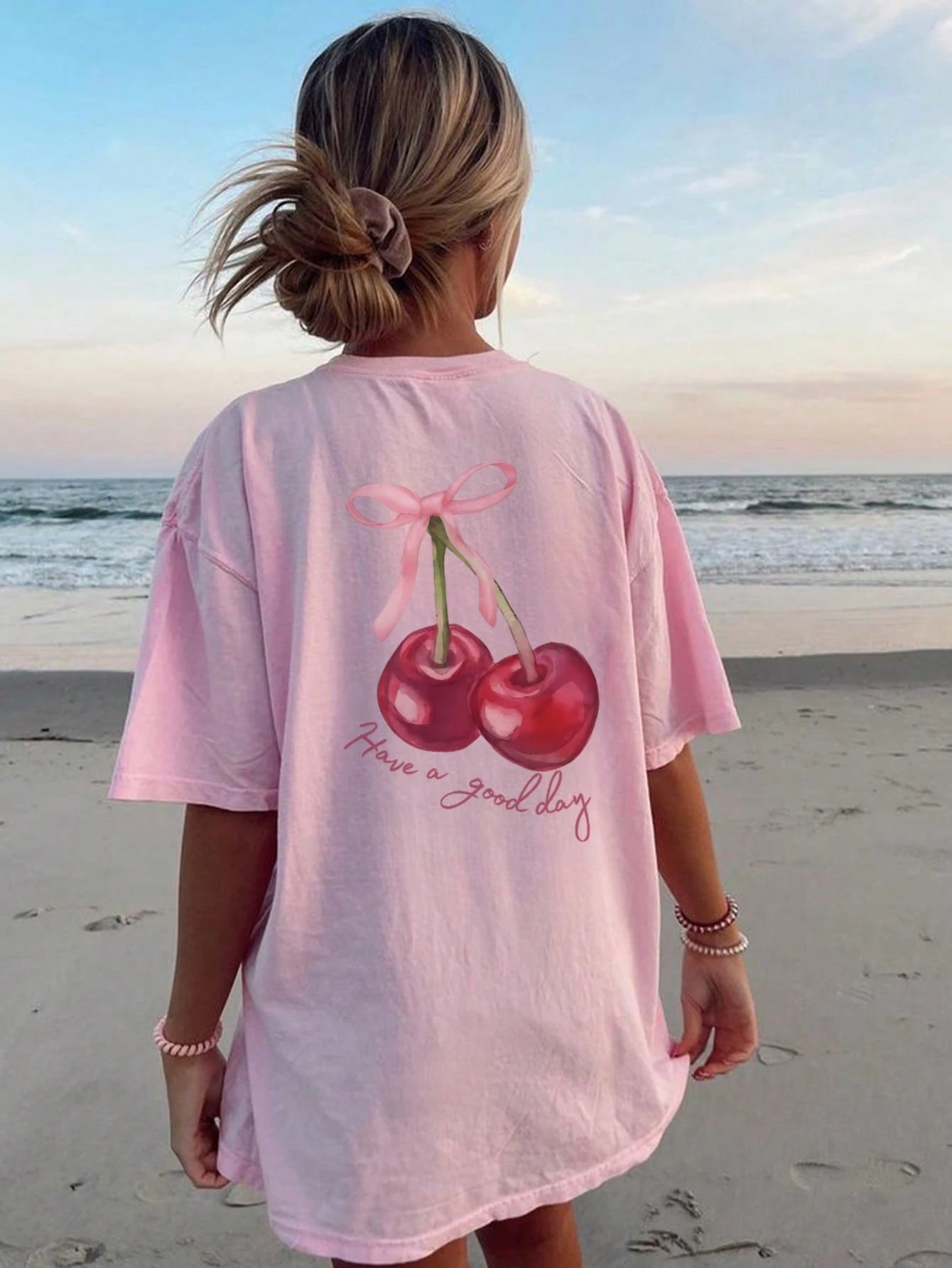 SXV cherry bow have a good day Letter Print Cheongsam Pattern Round Neck Short Sleeve T-Shirt