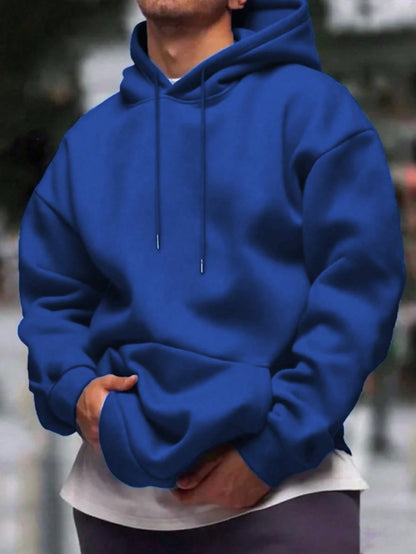 SXV Men's Solid Color Drop Shoulder Long Sleeve Drawstring Pocket Casual Hoodie, Autumn