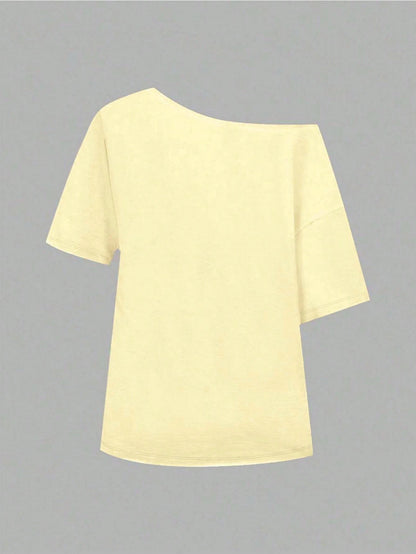 SXV Women's Loose Asymmetric-Shoulder T-Shirt With Fruit & Coconut Pattern