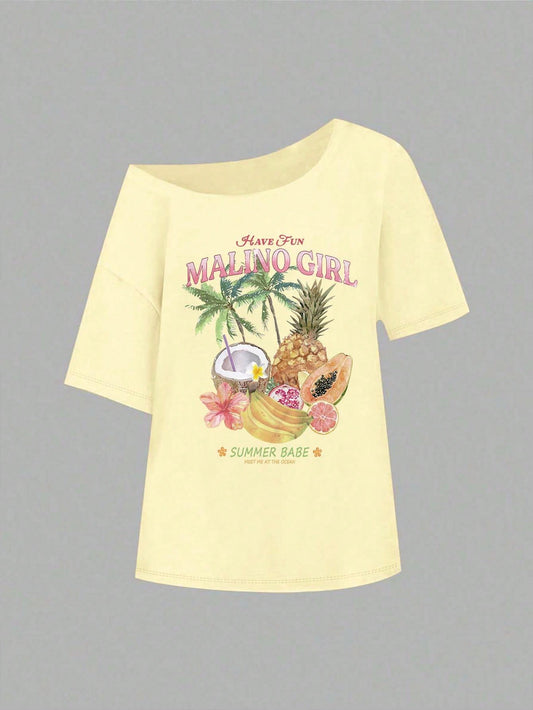 SXV Women's Fruit & Coconut Pattern Loose Shoulder T-Shirt, Cream Color Asymmetrical Neck Top For Beach & Vacation