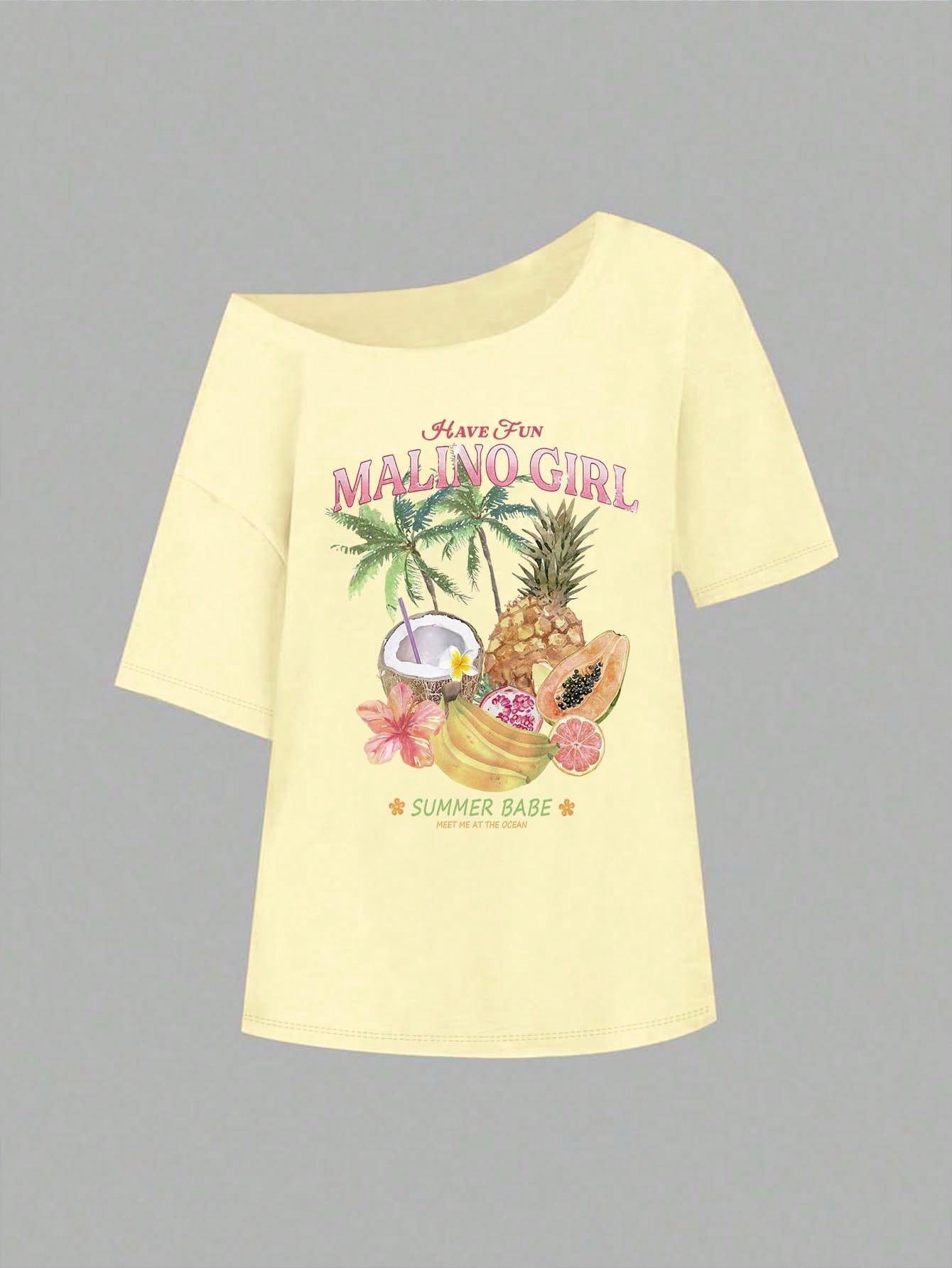 SXV Women's Loose Asymmetric-Shoulder T-Shirt With Fruit & Coconut Pattern