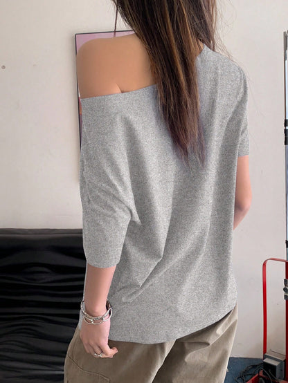SXV Women's Off-Shoulder Short Sleeve Letter Printed Casual T-Shirt Graphic Tees Women Tops
