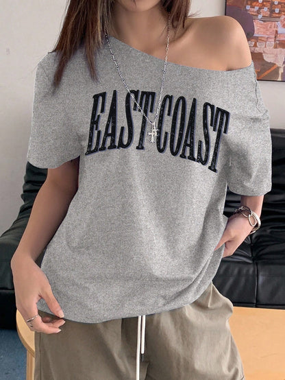 SXV Women's Off-Shoulder Short Sleeve Letter Printed Casual T-Shirt Graphic Tees Women Tops