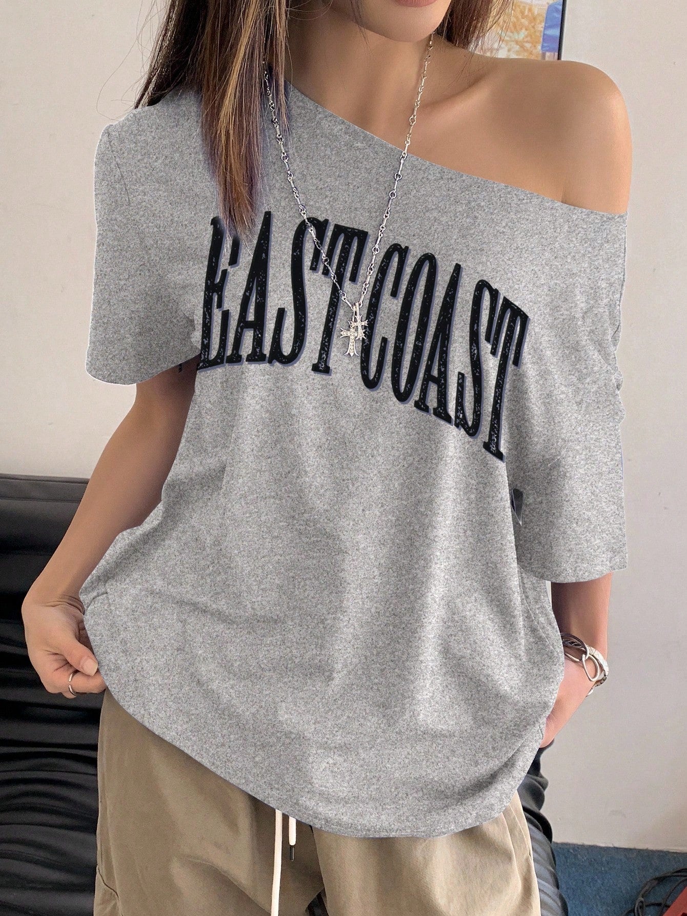 SXV Women's Off-Shoulder Short Sleeve Letter Printed Casual T-Shirt Graphic Tees Women Tops
