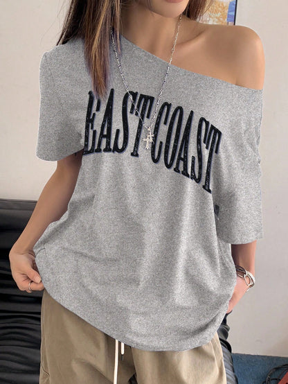 SXV Women's Off-Shoulder Short Sleeve Letter Printed Casual T-Shirt Graphic Tees Women Tops