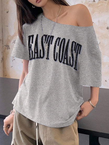 SXV Women's Off-Shoulder Short Sleeve Letter Printed Casual T-Shirt Graphic Tees Women Tops