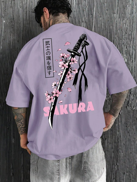 SXV Casual Katana & Sakura Flower Graphic Print Purple Loose Fit Round Neck T-Shirt