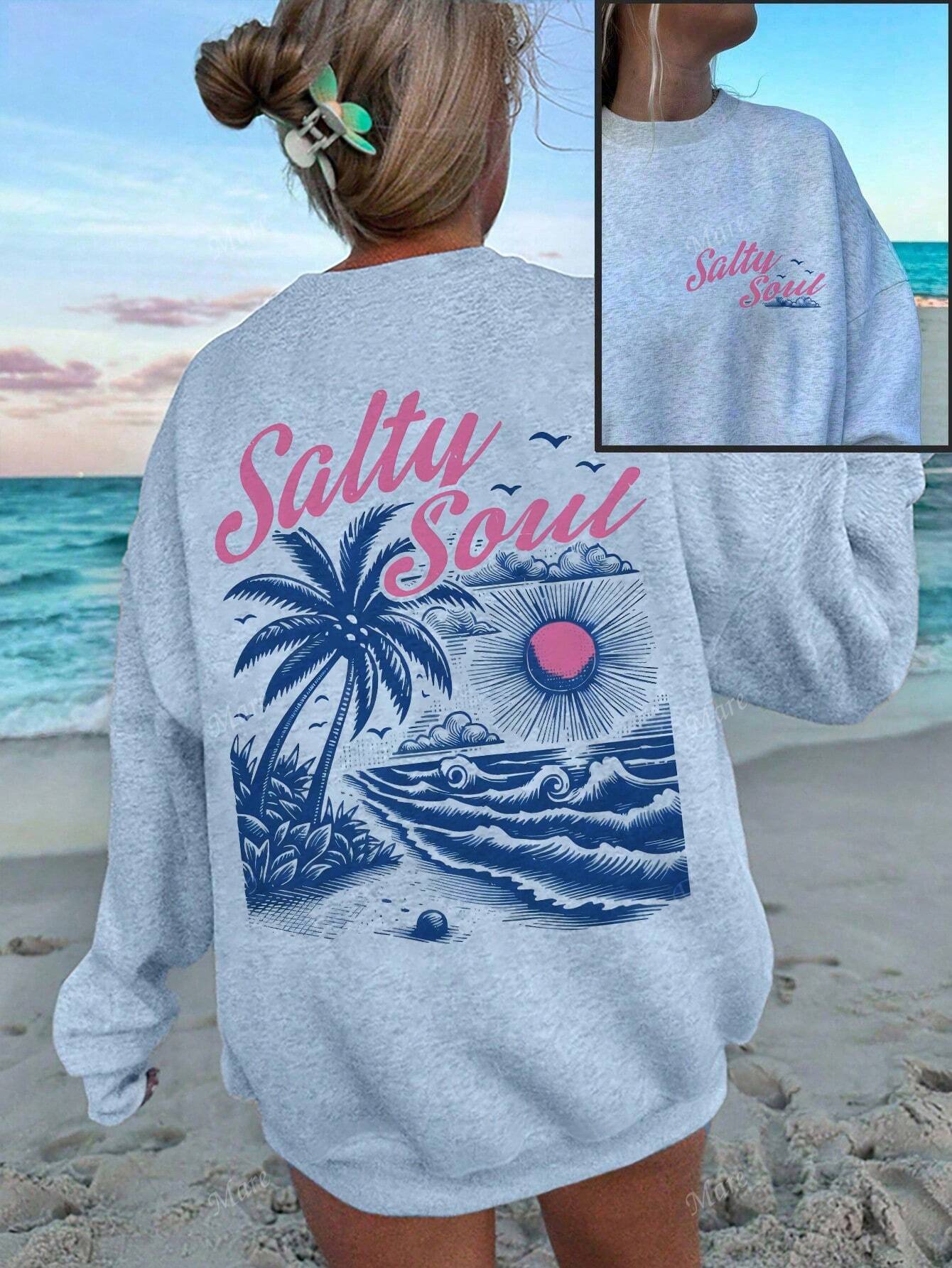 SXV Salty soul Sunset Palm Tree Graphic Oversized Crew Neck Long Sleeve Casual Hoodie For Women, Back To School