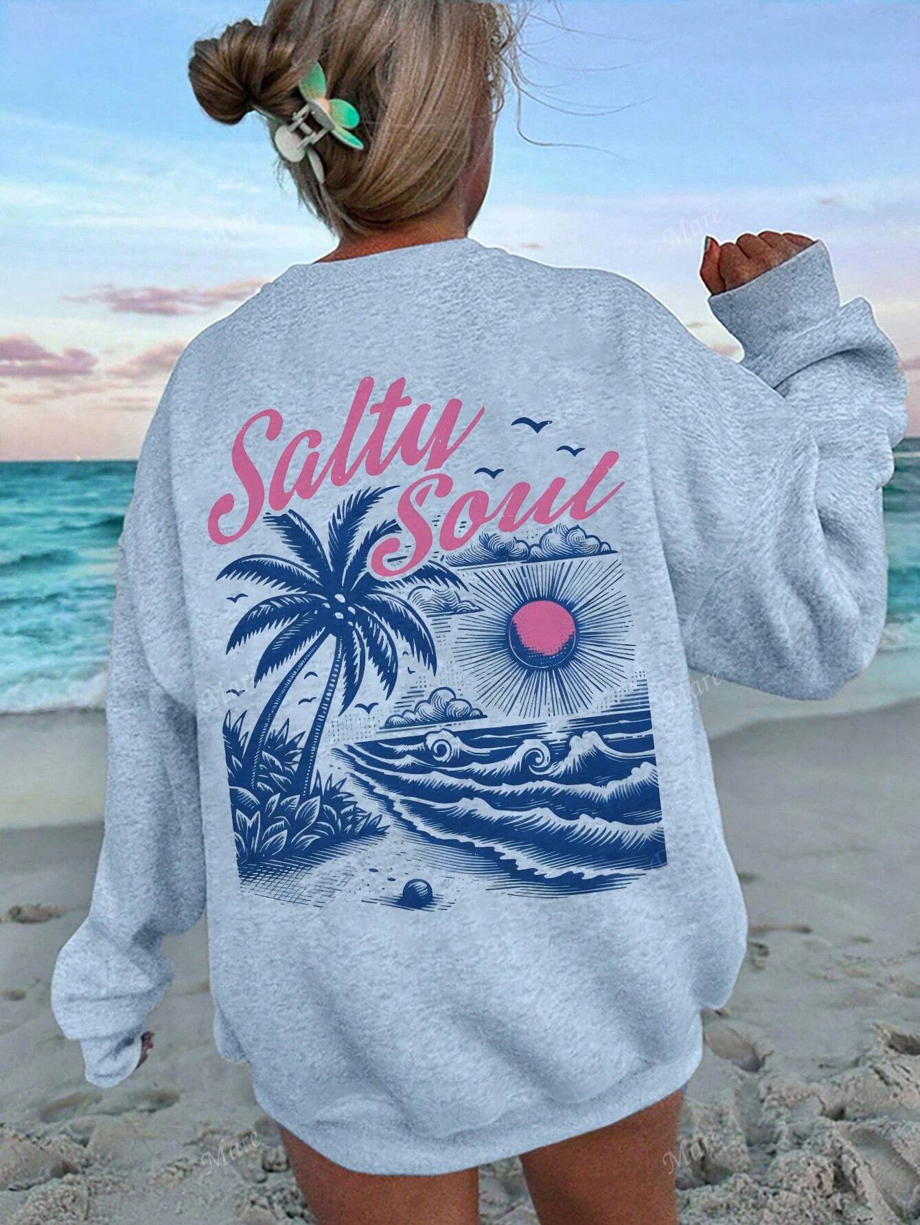 SXV Salty soul Sunset Palm Tree Graphic Oversized Crew Neck Long Sleeve Casual Hoodie For Women, Back To School