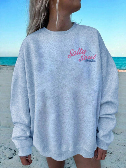 SXV Salty soul Sunset Palm Tree Graphic Oversized Crew Neck Long Sleeve Casual Hoodie For Women, Back To School