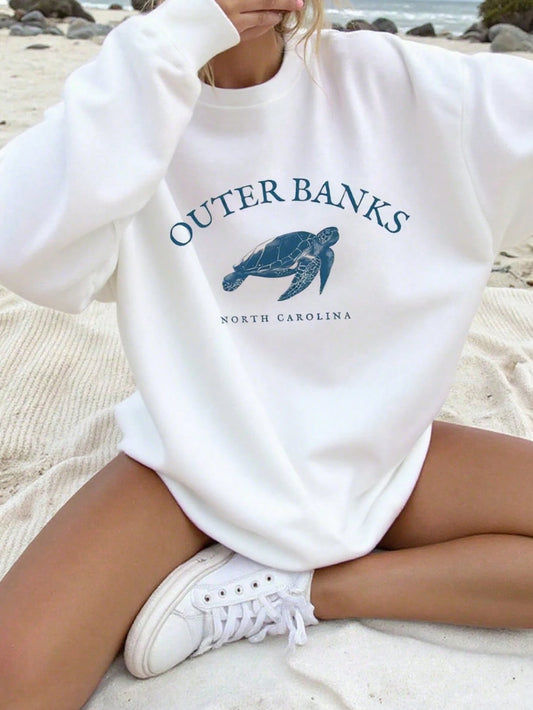 SXV Graphic Turtle And Ocean Print Fall Pullover, Casual Crew Neck Long Sleeve High Quality Fleece Sweatshirt For Women