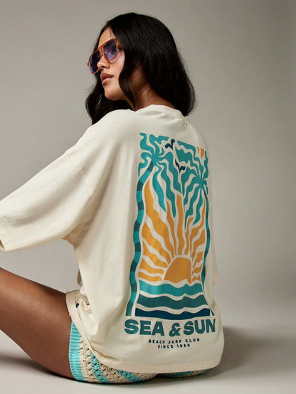 SXV Beach Surf Club Sea Sun Oversized Tee Retro Summer Graphic