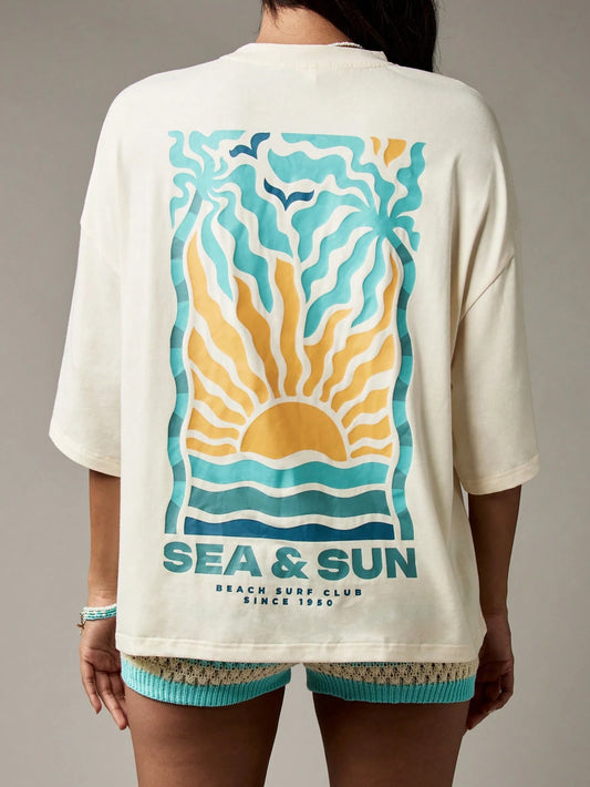 SXV Beach Surf Club Sea Sun Oversized Tee Retro Summer Graphic