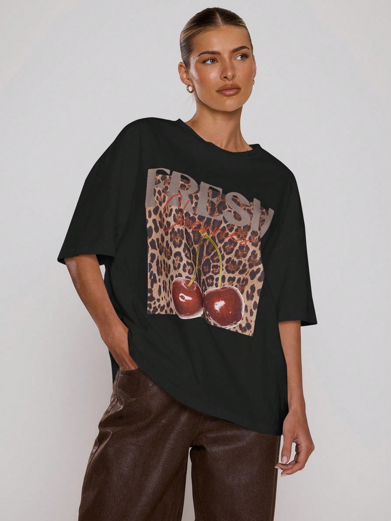 SXV Leopard Print Cherry Graphic Tee Oversized Top Cool Everyday