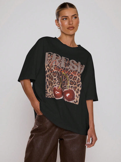 SXV Leopard Print Cherry Graphic Tee Oversized Top Cool Everyday