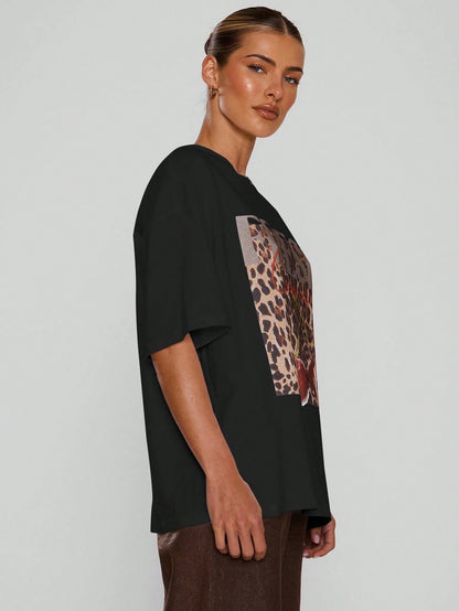 SXV Leopard Print Cherry Graphic Tee Oversized Top Cool Everyday