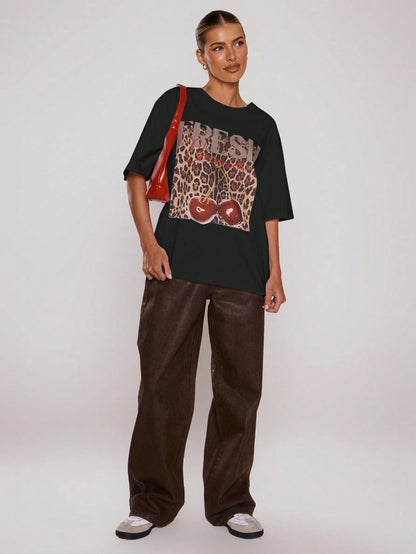 SXV Leopard Print Cherry Graphic Tee Oversized Top Cool Everyday