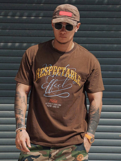 SXV Brown Letter Print Street Style Casual Men's T-Shirt, Summer
