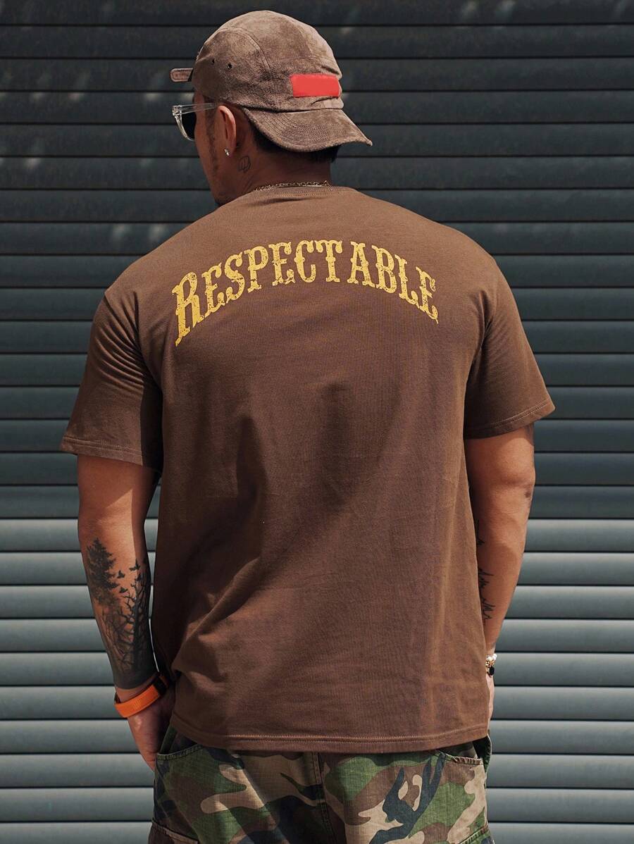 SXV Brown Letter Print Street Style Casual Men's T-Shirt, Summer