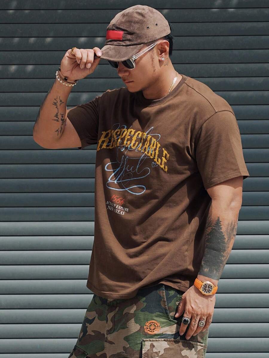 SXV Brown Letter Print Street Style Casual Men's T-Shirt, Summer