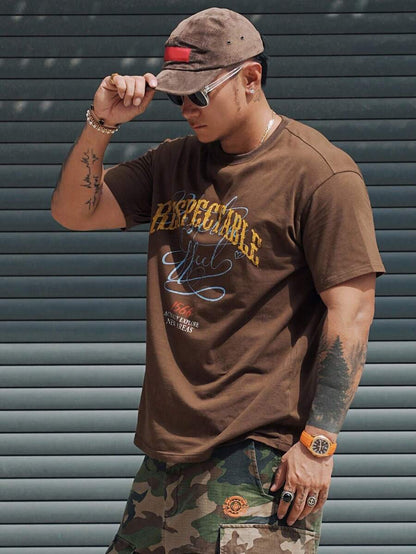 SXV Brown Letter Print Street Style Casual Men's T-Shirt, Summer