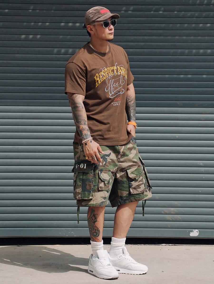 SXV Brown Letter Print Street Style Casual Men's T-Shirt, Summer