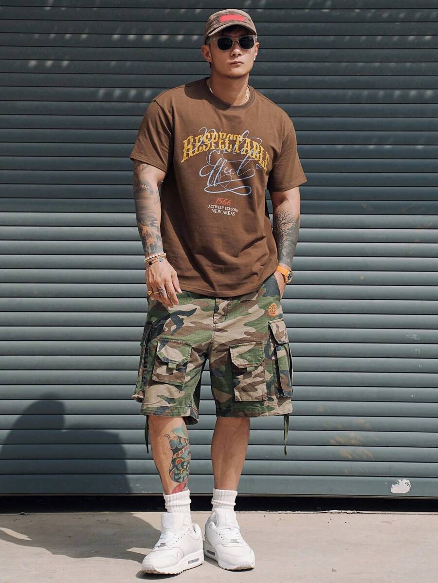SXV Brown Letter Print Street Style Casual Men's T-Shirt, Summer