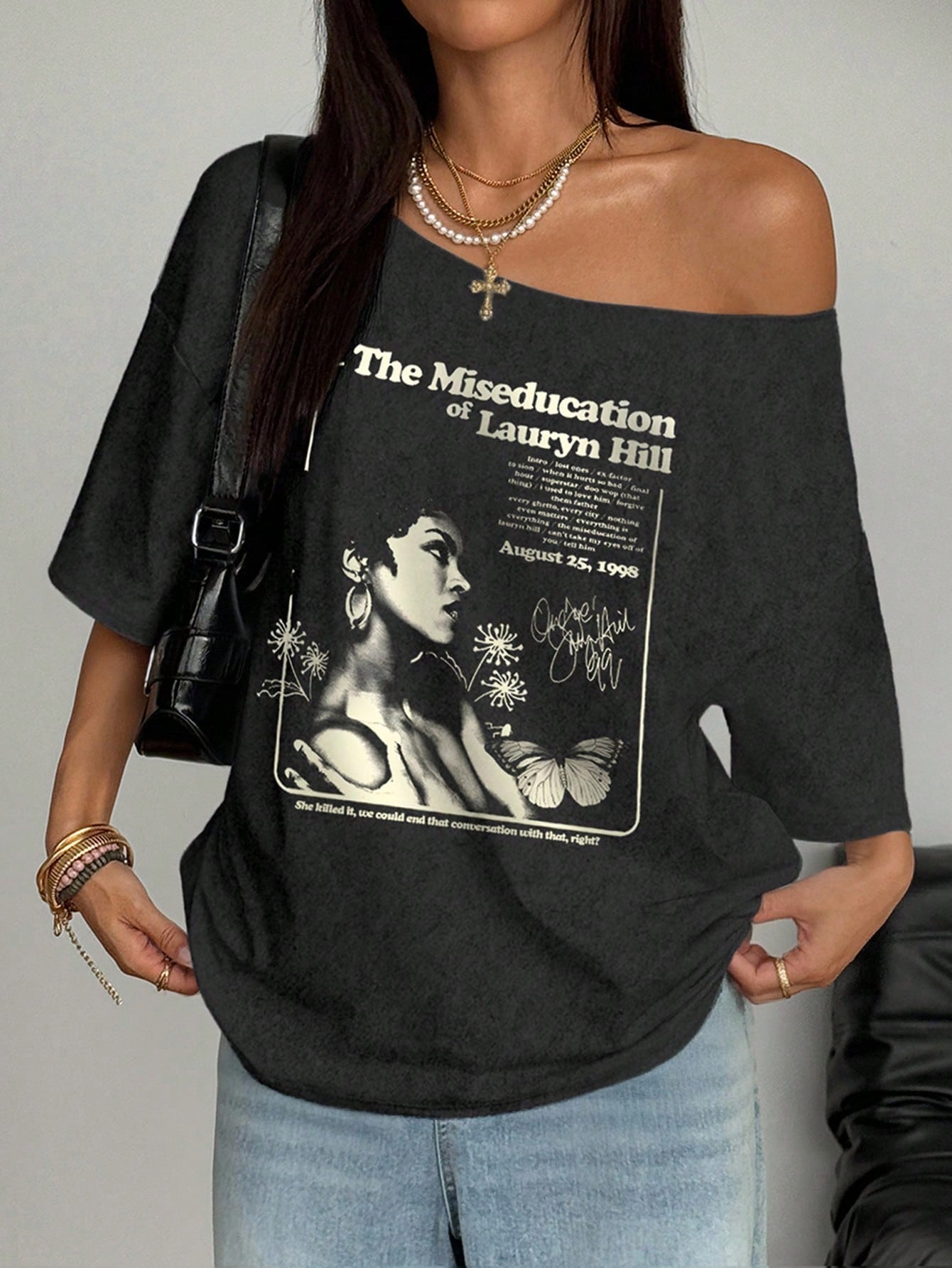 SXV Women Slogan & Figure Print Loose Oblique Collar Casual T-Shirt