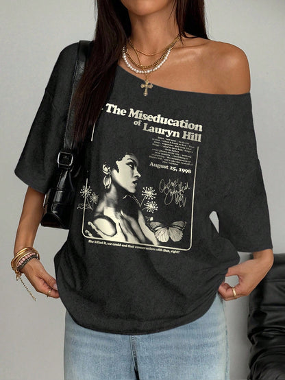 SXV Women Slogan & Figure Print Loose Oblique Collar Casual T-Shirt