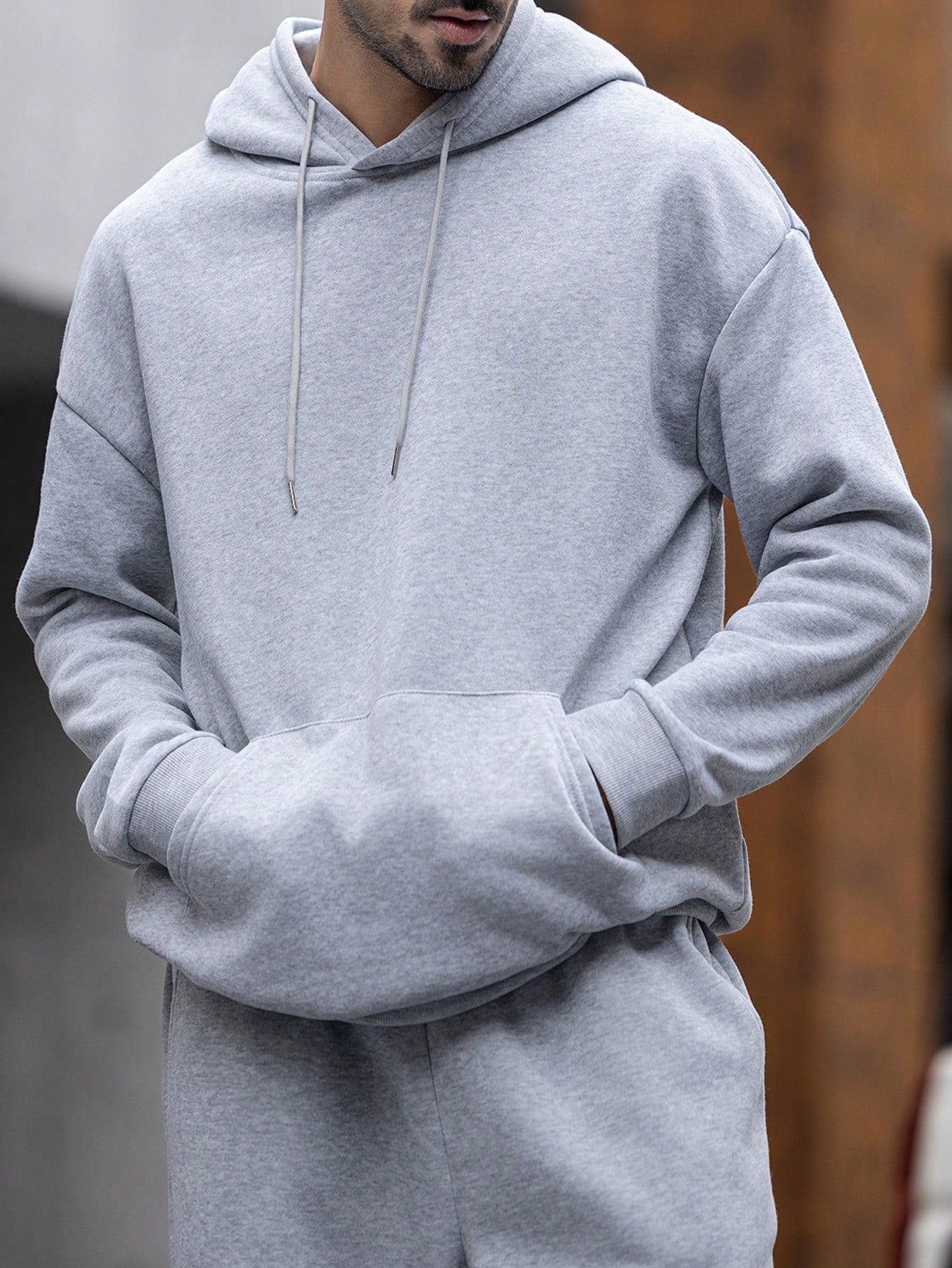 SXV Men's Solid Color Drop Shoulder Long Sleeve Drawstring Pocket Casual Hoodie, Autumn