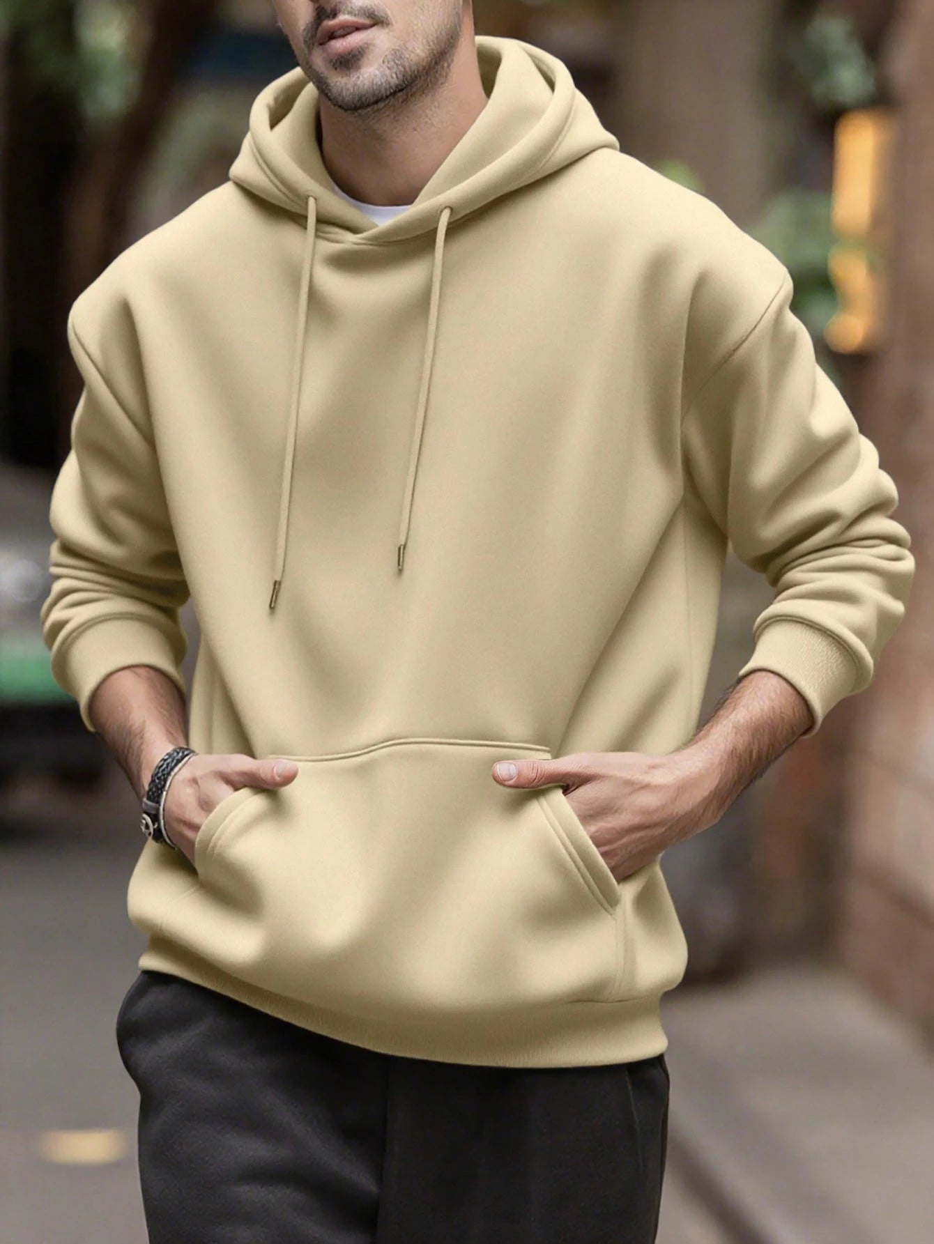 SXV Men's Solid Color Drop Shoulder Long Sleeve Drawstring Pocket Casual Hoodie, Autumn