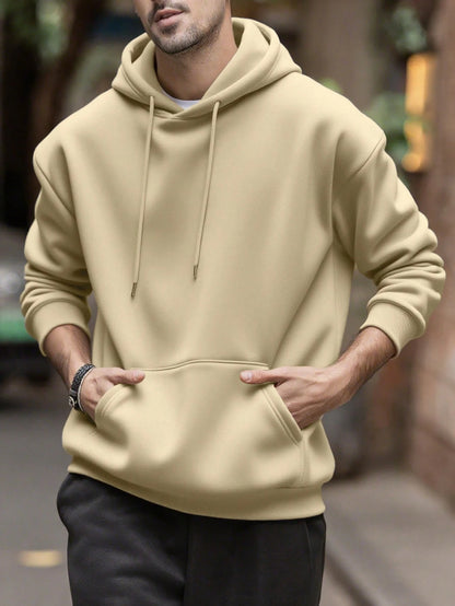 SXV Men's Solid Color Drop Shoulder Long Sleeve Drawstring Pocket Casual Hoodie, Autumn