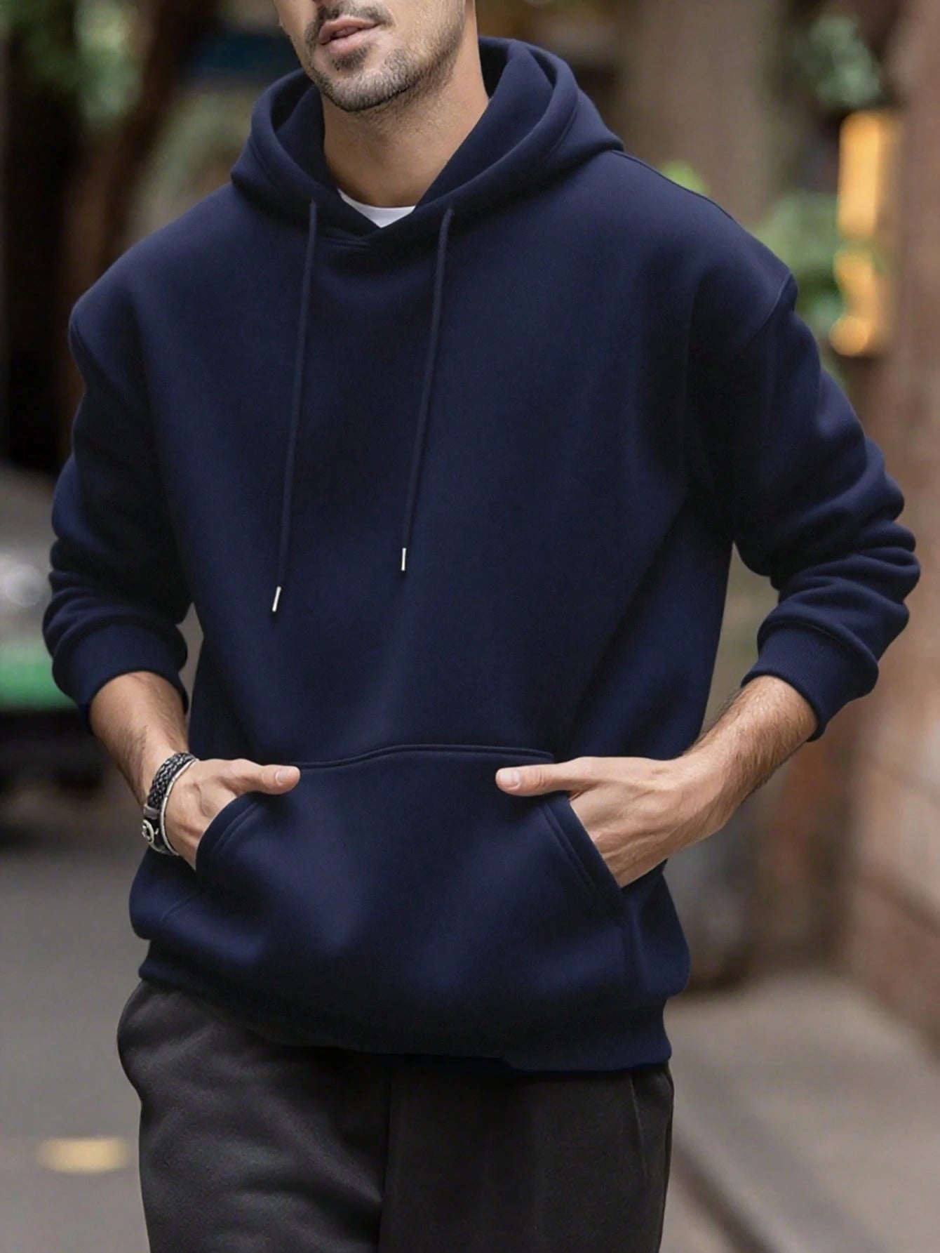 SXV Men's Solid Color Drop Shoulder Long Sleeve Drawstring Pocket Casual Hoodie, Autumn