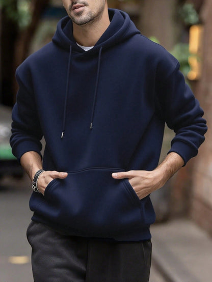 SXV Men's Solid Color Drop Shoulder Long Sleeve Drawstring Pocket Casual Hoodie, Autumn