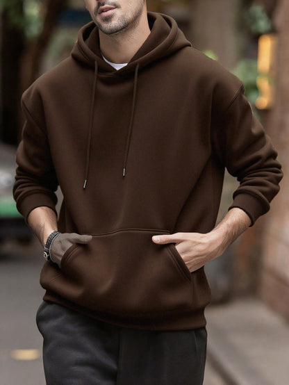 SXV Men's Solid Color Drop Shoulder Long Sleeve Drawstring Pocket Casual Hoodie, Autumn