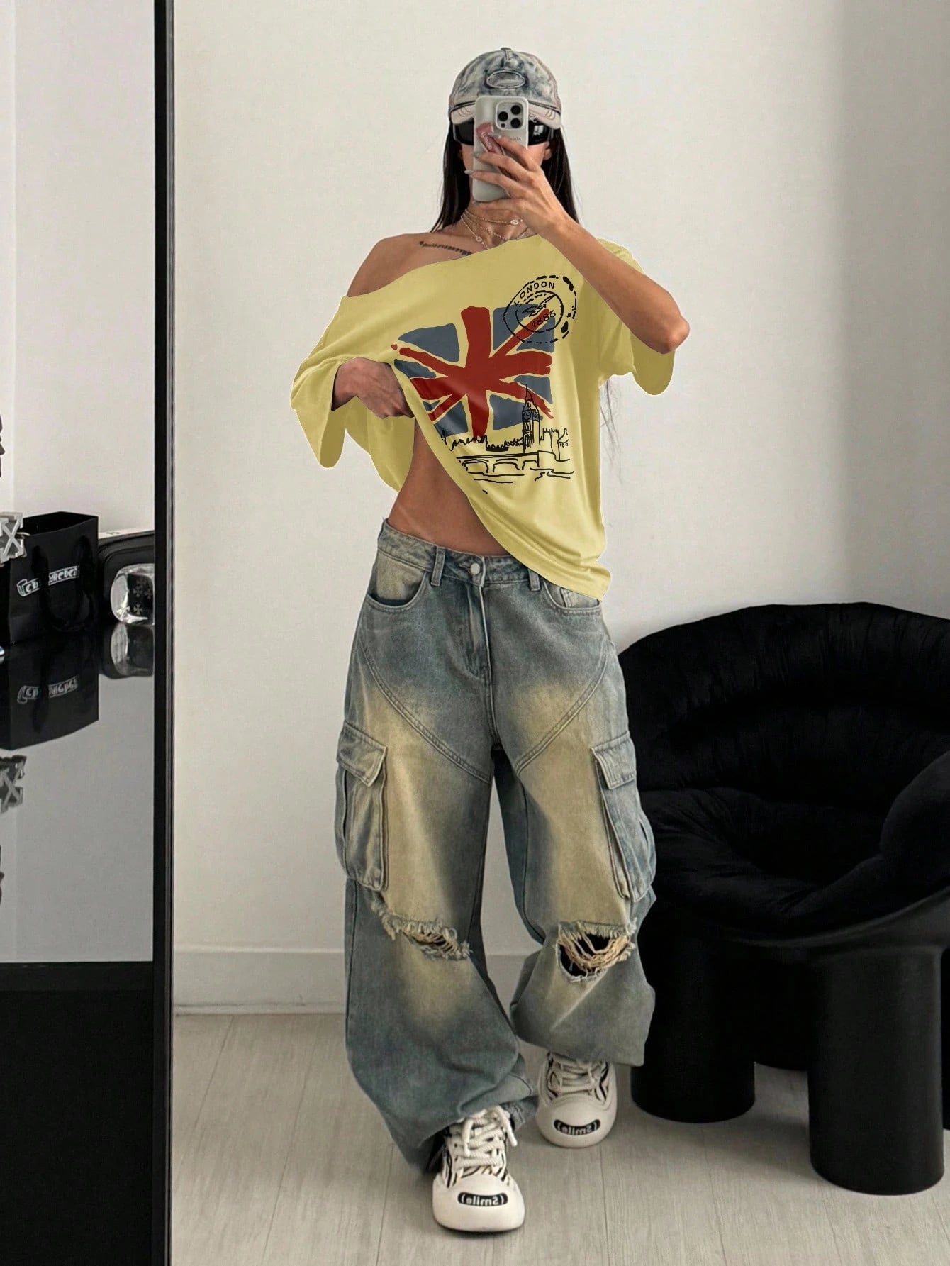SXV Women's Oversized Off Shoulder England Flag London Print Yellow Loose T-Shirt, Summer