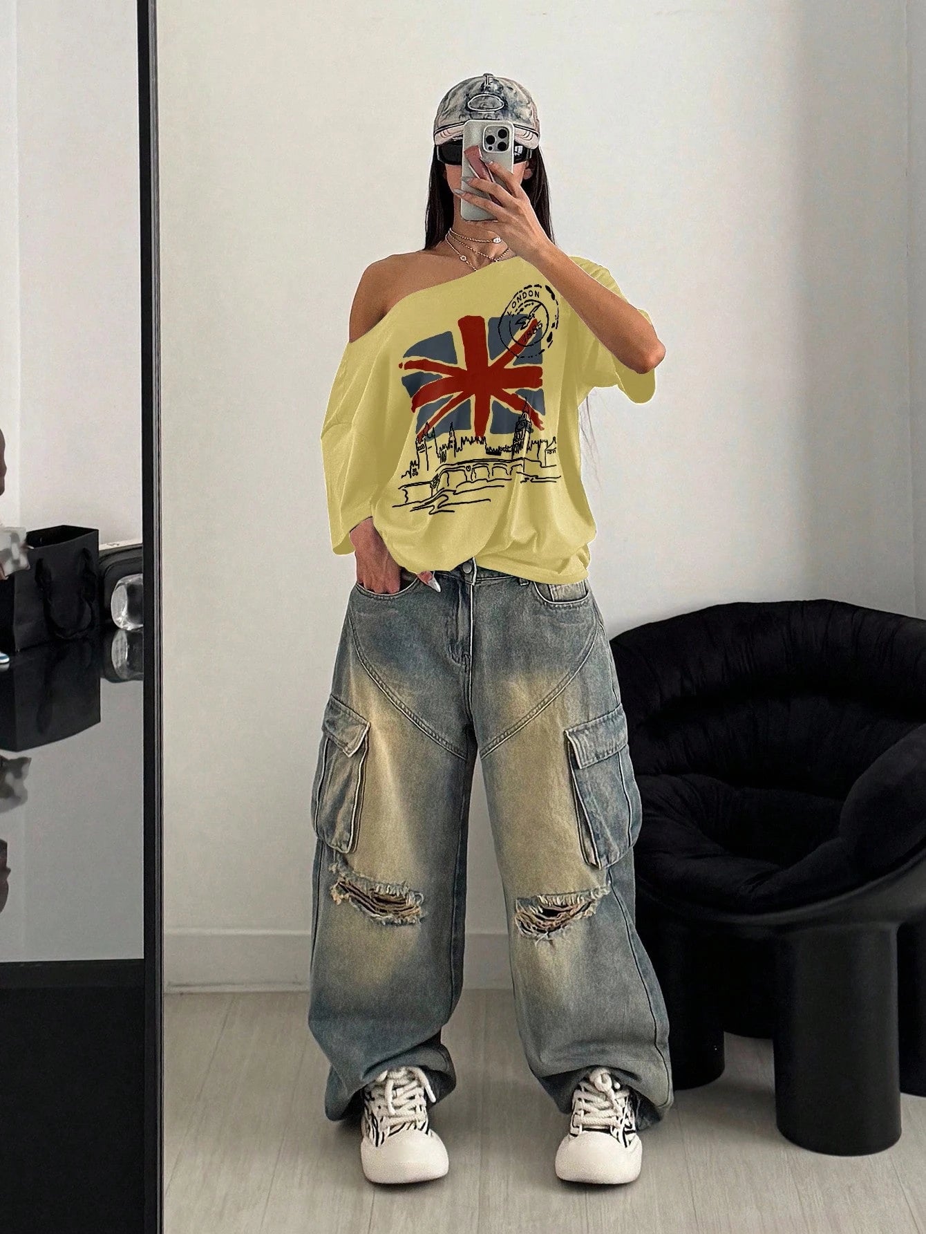 SXV Women's Oversized Off Shoulder England Flag London Print Yellow Loose T-Shirt, Summer