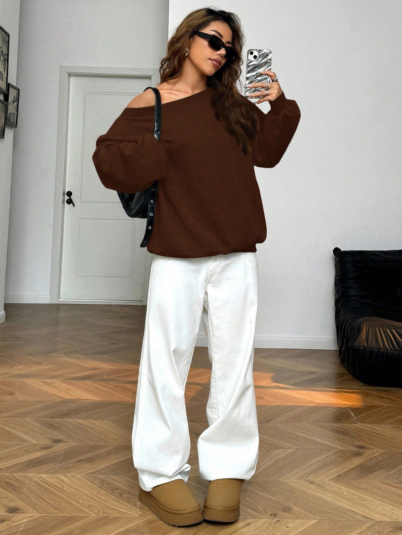 SXV Women's Loose Fit Oblique Shoulder Sweatshirt With Thermal Lining