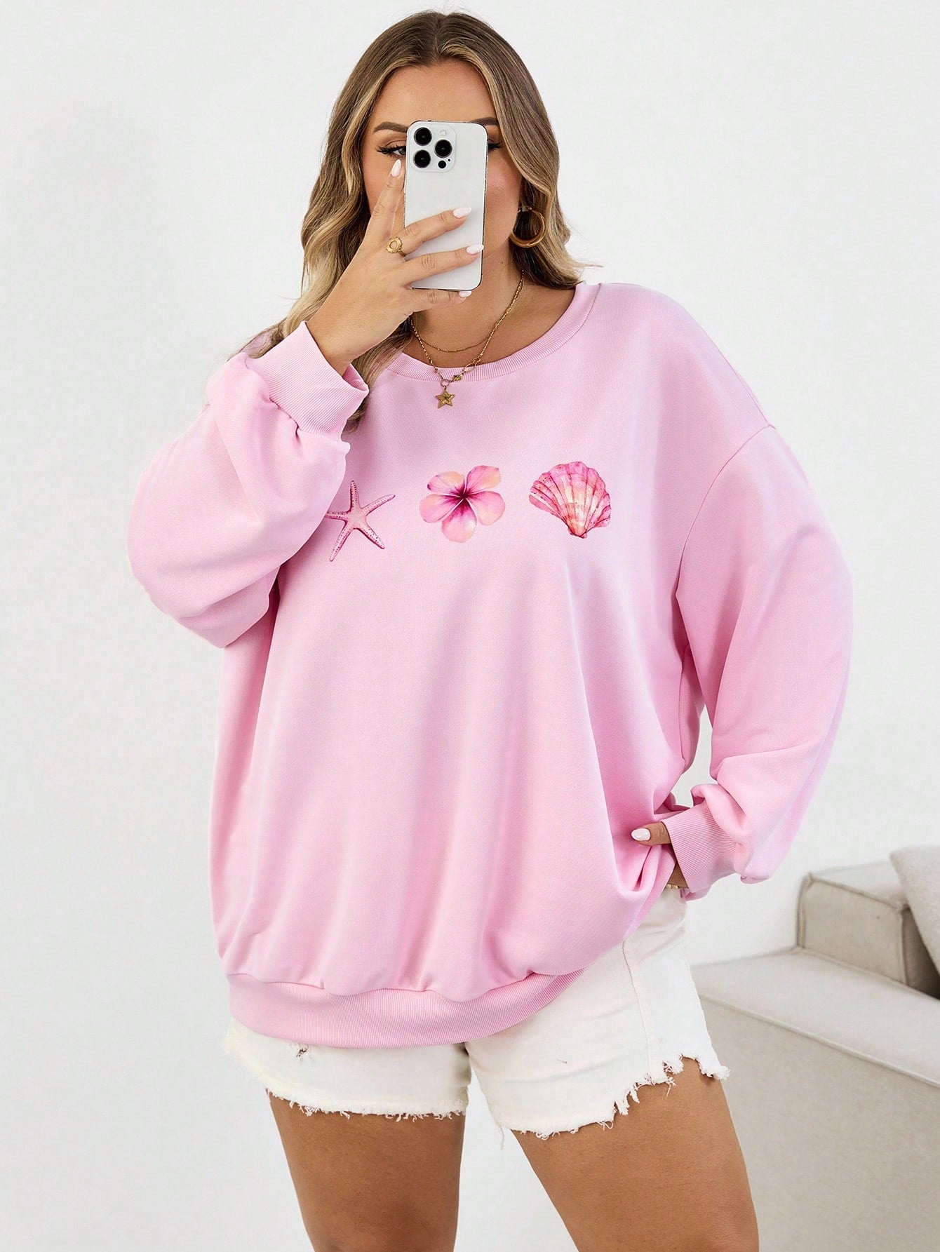 SXV Casual Floral & Seashell Print Loose Fit Crew Neck Long Sleeve Sweatshirt
