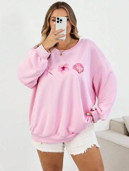 SXV Casual Floral & Seashell Print Loose Fit Crew Neck Long Sleeve Sweatshirt